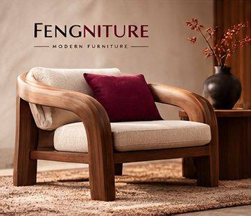 Curved walnut armchair with cream cushion and a wine throw pillow