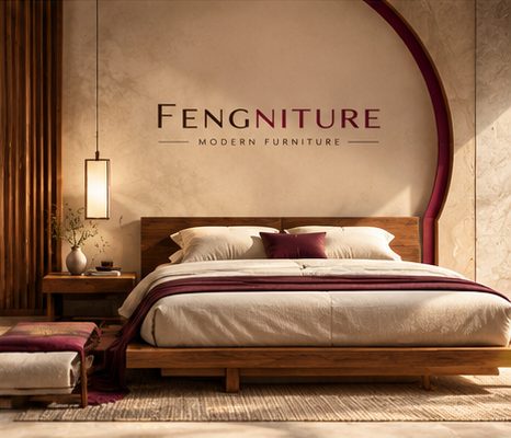 Low walnut platform bed with a wine throw and a paper lantern