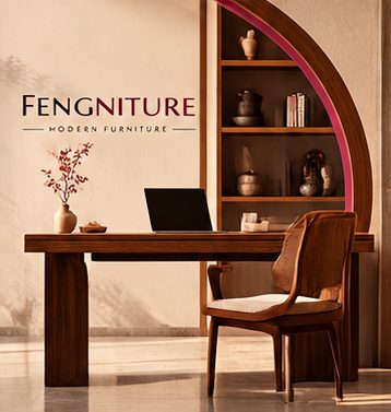 Walnut writing desk with a chair and a built-in shelf behind
