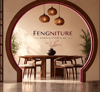 Round walnut dining table with four curved chairs under three rattan pendants