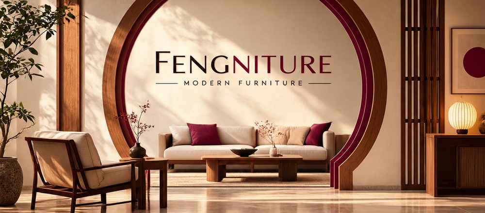 Cream three-seat sofa with wine cushions, low walnut coffee table and a lounge chair