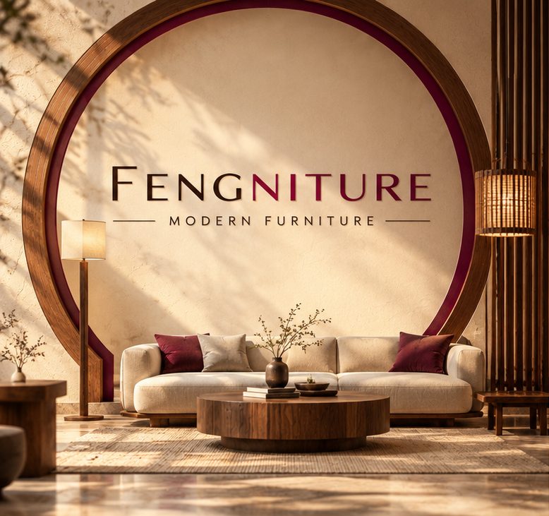 Fengniture living room: a cream sofa with wine cushions and a round walnut coffee table under a moon-gate arch