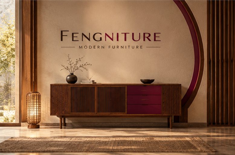 Slatted walnut sideboard with three wine-coloured drawers and brass pulls
