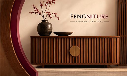 Fluted walnut console with a round brass handle, vase and bowl on top